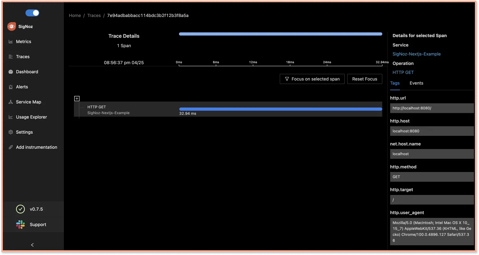 Sample Nextjs app being monitored on SigNoz dashboard