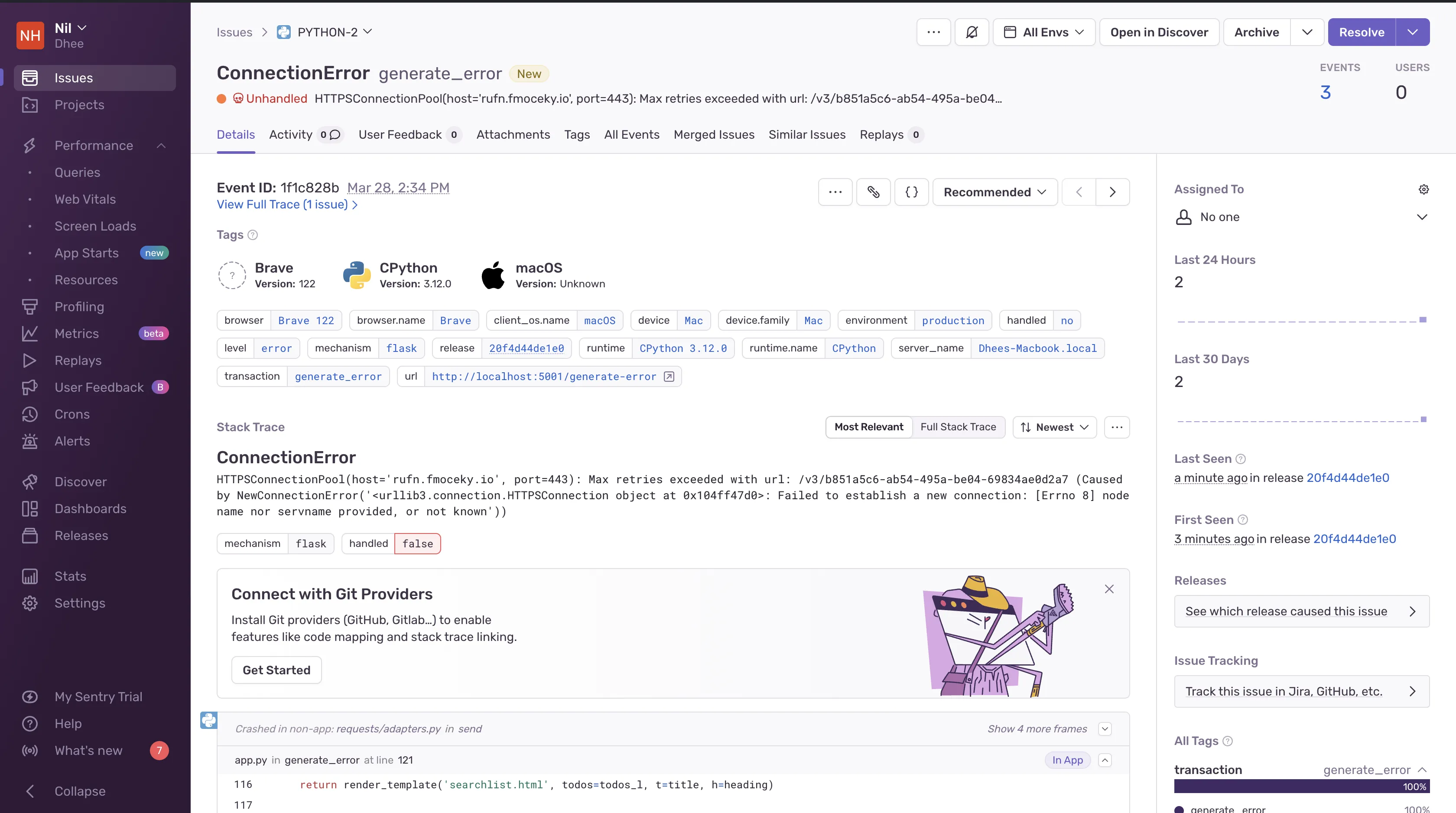 Detailed Sentry insights into the “ConnectionError” issue