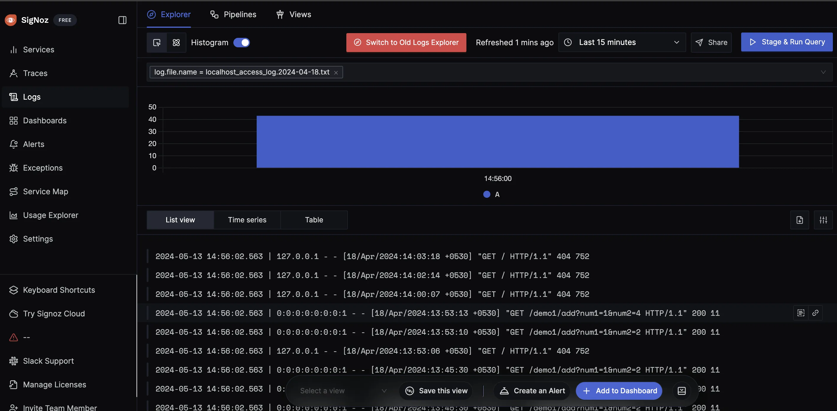 access logs visible in SigNoz