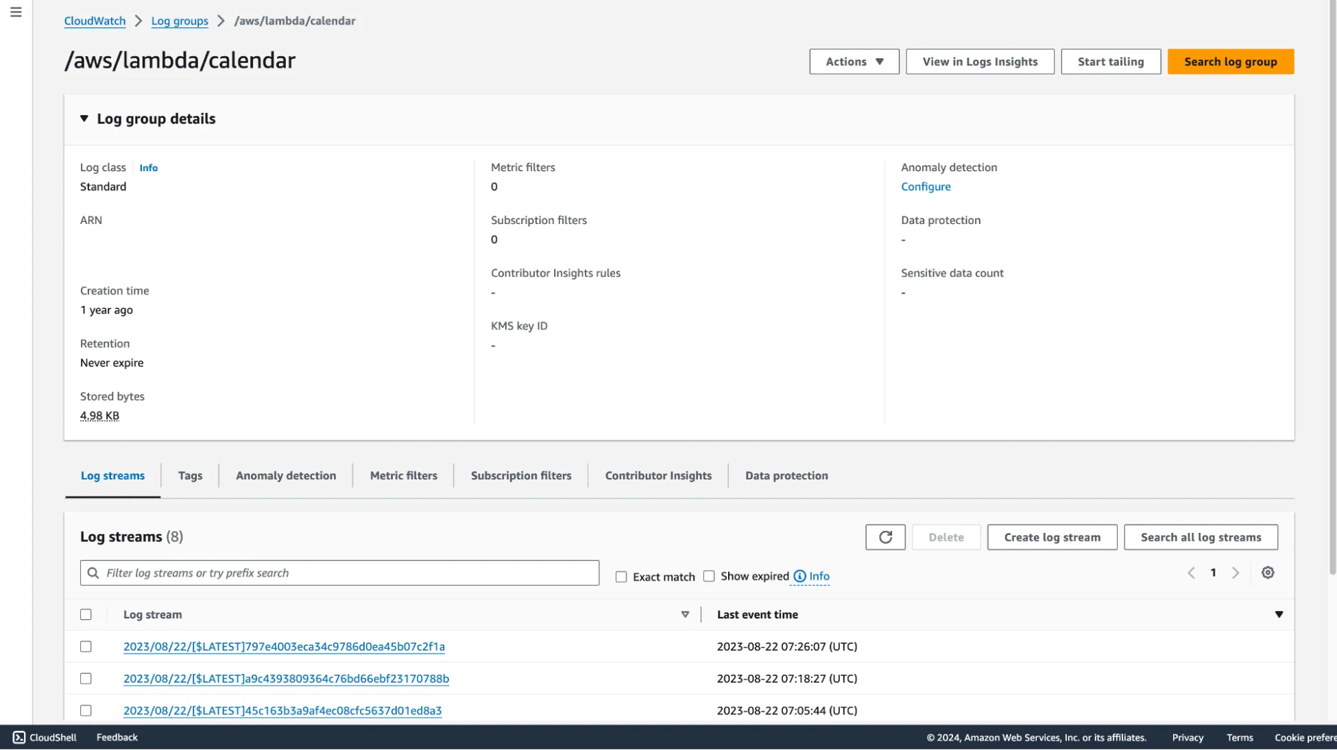 Log groups in CloudWatch